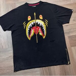 Makobi Sharko T Shirt Mens‎ 3X Black Graphic Gold Sequin Zip Detail Streetwear